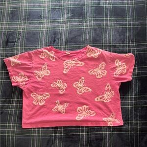 Pink Butterfly Print oversized Crop Tee. Size L
